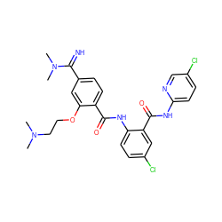 CN(C)CCOc1cc(C(=N)N(C)C)ccc1C(=O)Nc1ccc(Cl)cc1C(=O)Nc1ccc(Cl)cn1 ZINC000044417088