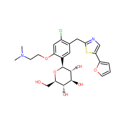 CN(C)CCOc1cc(Cl)c(Cc2ncc(-c3ccco3)s2)cc1[C@@H]1O[C@H](CO)[C@@H](O)[C@H](O)[C@H]1O ZINC000071281072