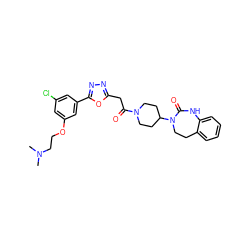 CN(C)CCOc1cc(Cl)cc(-c2nnc(CC(=O)N3CCC(N4CCc5ccccc5NC4=O)CC3)o2)c1 ZINC000049767214