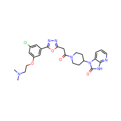 CN(C)CCOc1cc(Cl)cc(-c2nnc(CC(=O)N3CCC(n4c(=O)[nH]c5ncccc54)CC3)o2)c1 ZINC000045389370