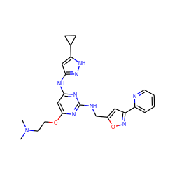 CN(C)CCOc1cc(Nc2cc(C3CC3)[nH]n2)nc(NCc2cc(-c3ccccn3)no2)n1 ZINC000203004771