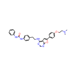 CN(C)CCOc1ccc(-c2cc3c(NCCc4ccc(NC(=O)Nc5ccccc5)cc4)ncnc3o2)cc1 ZINC000068246015