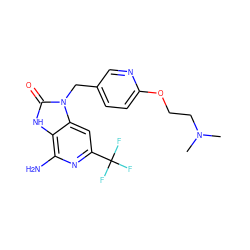 CN(C)CCOc1ccc(Cn2c(=O)[nH]c3c(N)nc(C(F)(F)F)cc32)cn1 ZINC000072125208