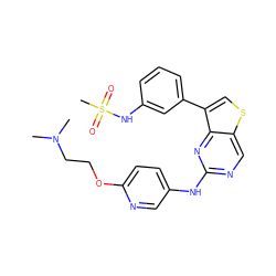 CN(C)CCOc1ccc(Nc2ncc3scc(-c4cccc(NS(C)(=O)=O)c4)c3n2)cn1 ZINC000068267346