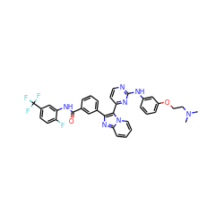 CN(C)CCOc1cccc(Nc2nccc(-c3c(-c4cccc(C(=O)Nc5cc(C(F)(F)F)ccc5F)c4)nc4ccccn34)n2)c1 ZINC000165075355