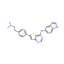 CN(C)CCc1ccc(-c2cc3ncnc(Nc4ccc5[nH]ccc5c4)c3s2)cc1 ZINC000013588177