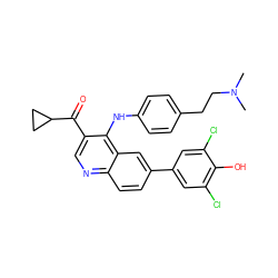 CN(C)CCc1ccc(Nc2c(C(=O)C3CC3)cnc3ccc(-c4cc(Cl)c(O)c(Cl)c4)cc23)cc1 ZINC000114034117