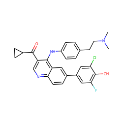 CN(C)CCc1ccc(Nc2c(C(=O)C3CC3)cnc3ccc(-c4cc(F)c(O)c(Cl)c4)cc23)cc1 ZINC000114035420