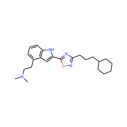 CN(C)CCc1cccc2[nH]c(-c3nc(CCCC4CCCCC4)no3)cc12 ZINC000036311399