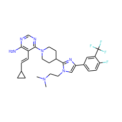 CN(C)CCn1cc(-c2ccc(F)c(C(F)(F)F)c2)nc1C1CCN(c2ncnc(N)c2/C=C/C2CC2)CC1 ZINC000219774664