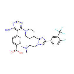 CN(C)CCn1cc(-c2ccc(F)c(C(F)(F)F)c2)nc1C1CCN(c2ncnc(N)c2-c2ccc(C(=O)O)cc2)CC1 ZINC000218768165