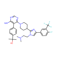 CN(C)CCn1cc(-c2ccc(F)c(C(F)(F)F)c2)nc1C1CCN(c2ncnc(N)c2-c2ccc(C(C)(C)O)cc2)CC1 ZINC000218705694