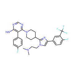 CN(C)CCn1cc(-c2ccc(F)c(C(F)(F)F)c2)nc1C1CCN(c2ncnc(N)c2-c2ccc(F)cc2)CC1 ZINC000218679287