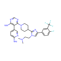 CN(C)CCn1cc(-c2ccc(F)c(C(F)(F)F)c2)nc1C1CCN(c2ncnc(N)c2-c2ccc(N)nc2)CC1 ZINC000219778492