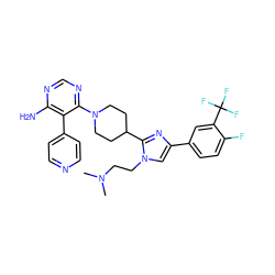 CN(C)CCn1cc(-c2ccc(F)c(C(F)(F)F)c2)nc1C1CCN(c2ncnc(N)c2-c2ccncc2)CC1 ZINC000218704756