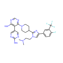 CN(C)CCn1cc(-c2ccc(F)c(C(F)(F)F)c2)nc1C1CCN(c2ncnc(N)c2-c2cnc(N)nc2)CC1 ZINC000219731223