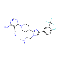 CN(C)CCn1cc(-c2ccc(F)c(C(F)(F)F)c2)nc1C1CCN(c2ncnc(N)c2C#N)CC1 ZINC000218723628