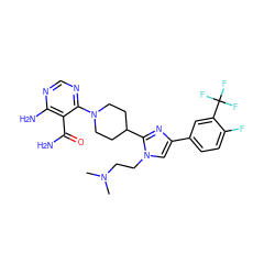 CN(C)CCn1cc(-c2ccc(F)c(C(F)(F)F)c2)nc1C1CCN(c2ncnc(N)c2C(N)=O)CC1 ZINC000219106070