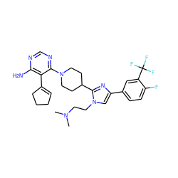 CN(C)CCn1cc(-c2ccc(F)c(C(F)(F)F)c2)nc1C1CCN(c2ncnc(N)c2C2=CCCC2)CC1 ZINC000219042247