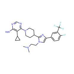 CN(C)CCn1cc(-c2ccc(F)c(C(F)(F)F)c2)nc1C1CCN(c2ncnc(N)c2C2CC2)CC1 ZINC000219777779