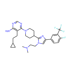 CN(C)CCn1cc(-c2ccc(F)c(C(F)(F)F)c2)nc1C1CCN(c2ncnc(N)c2CCC2CC2)CC1 ZINC000219774485