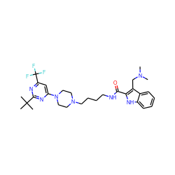 CN(C)Cc1c(C(=O)NCCCCN2CCN(c3cc(C(F)(F)F)nc(C(C)(C)C)n3)CC2)[nH]c2ccccc12 ZINC000299825980