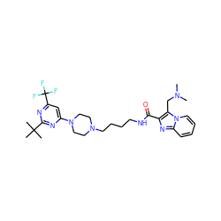 CN(C)Cc1c(C(=O)NCCCCN2CCN(c3cc(C(F)(F)F)nc(C(C)(C)C)n3)CC2)nc2ccccn12 ZINC000299833784