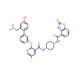 CN(C)Cc1cc(O)ccc1-c1cccc(Oc2ncc(F)cc2C(=O)N[C@H]2CC[C@@H](NC(=O)c3cccc4oc(=O)[nH]c34)CC2)c1 ZINC000261158116