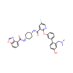 CN(C)Cc1cc(O)ccc1-c1cccc(Oc2ncc(F)cc2C(=O)N[C@H]2CC[C@@H](NC(=O)c3cccc4ocnc34)CC2)c1 ZINC000261168733