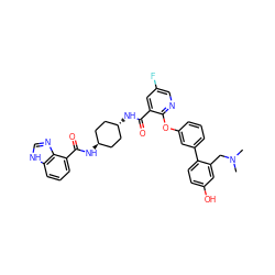 CN(C)Cc1cc(O)ccc1-c1cccc(Oc2ncc(F)cc2C(=O)N[C@H]2CC[C@H](NC(=O)c3cccc4[nH]cnc34)CC2)c1 ZINC000139543034