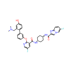 CN(C)Cc1cc(O)ccc1-c1cccc(Oc2ncc(F)cc2C(=O)N[C@H]2CC[C@H](NC(=O)c3cn4cc(F)ccc4n3)CC2)c1 ZINC000167959125