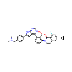 CN(C)Cc1ccc(-c2cc3c(-c4cccc(-n5ccc6cc(C7CC7)cc(F)c6c5=O)c4CO)ncnc3[nH]2)cc1 ZINC000299864555