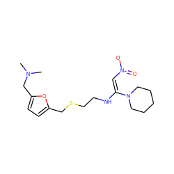 CN(C)Cc1ccc(CSCCN/C(=C/[N+](=O)[O-])N2CCCCC2)o1 ZINC000204544295