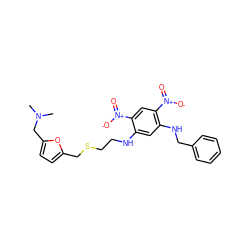 CN(C)Cc1ccc(CSCCNc2cc(NCc3ccccc3)c([N+](=O)[O-])cc2[N+](=O)[O-])o1 ZINC000013726507