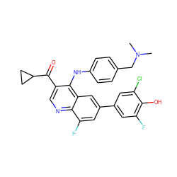 CN(C)Cc1ccc(Nc2c(C(=O)C3CC3)cnc3c(F)cc(-c4cc(F)c(O)c(Cl)c4)cc23)cc1 ZINC000219384231