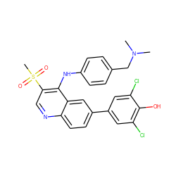 CN(C)Cc1ccc(Nc2c(S(C)(=O)=O)cnc3ccc(-c4cc(Cl)c(O)c(Cl)c4)cc23)cc1 ZINC000114035059