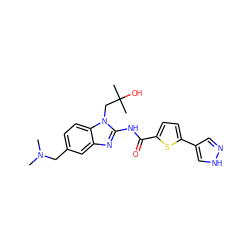 CN(C)Cc1ccc2c(c1)nc(NC(=O)c1ccc(-c3cn[nH]c3)s1)n2CC(C)(C)O ZINC000040955558