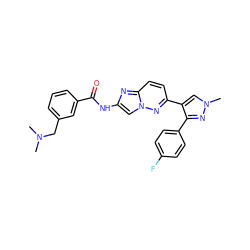 CN(C)Cc1cccc(C(=O)Nc2cn3nc(-c4cn(C)nc4-c4ccc(F)cc4)ccc3n2)c1 ZINC001772645681