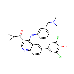 CN(C)Cc1cccc(Nc2c(C(=O)C3CC3)cnc3ccc(-c4cc(Cl)c(O)c(Cl)c4)cc23)c1 ZINC000114035317