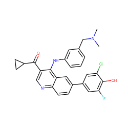 CN(C)Cc1cccc(Nc2c(C(=O)C3CC3)cnc3ccc(-c4cc(F)c(O)c(Cl)c4)cc23)c1 ZINC000114034147