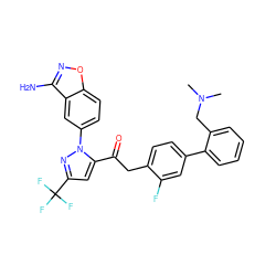 CN(C)Cc1ccccc1-c1ccc(CC(=O)c2cc(C(F)(F)F)nn2-c2ccc3onc(N)c3c2)c(F)c1 ZINC000029037690