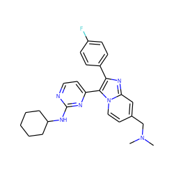 CN(C)Cc1ccn2c(-c3ccnc(NC4CCCCC4)n3)c(-c3ccc(F)cc3)nc2c1 ZINC000028963566