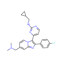 CN(C)Cc1ccn2c(-c3ccnc(NCC4CC4)n3)c(-c3ccc(F)cc3)nc2c1 ZINC000028963504