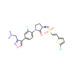 CN(C)Cc1nocc1-c1ccc(N2CC[C@@H](NS(=O)(=O)/C=C/c3ccc(Cl)s3)C2=O)c(F)c1 ZINC000029130324