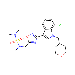 CN(C)S(=O)(=O)N(C)Cc1nc(-c2cn(CC3CCOCC3)c3c(Cl)cccc23)no1 ZINC000066099172