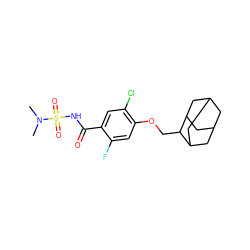 CN(C)S(=O)(=O)NC(=O)c1cc(Cl)c(OCC2C3CC4CC(C3)CC2C4)cc1F ZINC000206993543