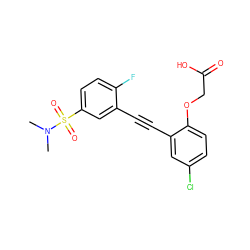 CN(C)S(=O)(=O)c1ccc(F)c(C#Cc2cc(Cl)ccc2OCC(=O)O)c1 ZINC000073195780