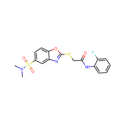 CN(C)S(=O)(=O)c1ccc2oc(SCC(=O)Nc3ccccc3F)nc2c1 ZINC000003440788