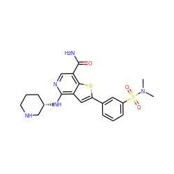 CN(C)S(=O)(=O)c1cccc(-c2cc3c(N[C@H]4CCCNC4)ncc(C(N)=O)c3s2)c1 ZINC000064550012