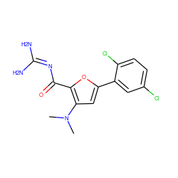 CN(C)c1cc(-c2cc(Cl)ccc2Cl)oc1C(=O)N=C(N)N ZINC000028822460